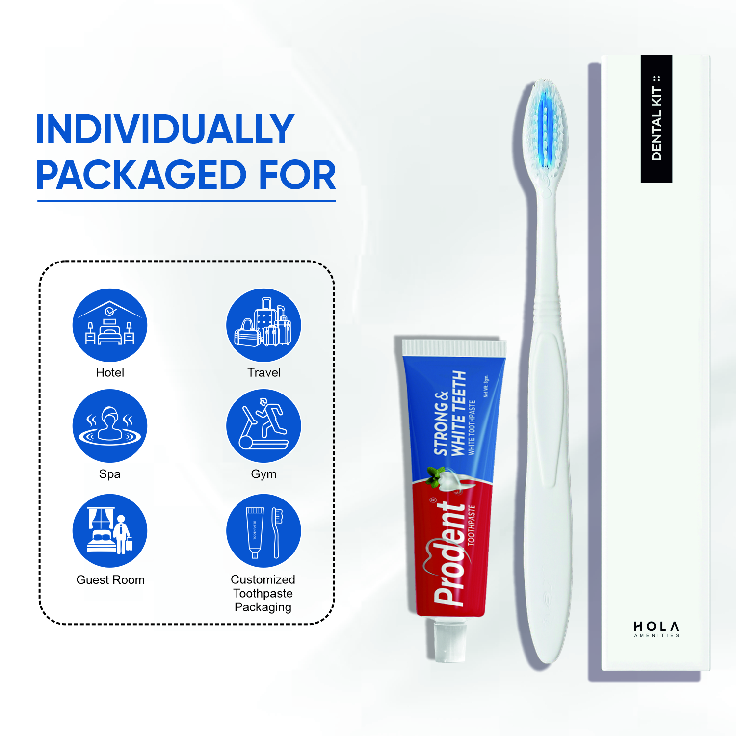 Hotel amenities dental kit by Hola Amenities for guest toiletries and hotel room amenities use