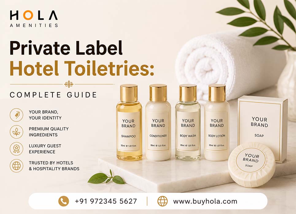 Private label hotel toiletries by Hola with luxury hotel shampoo, conditioner, body wash, soap, and hotel bathroom amenities for hotels and Airbnb properties