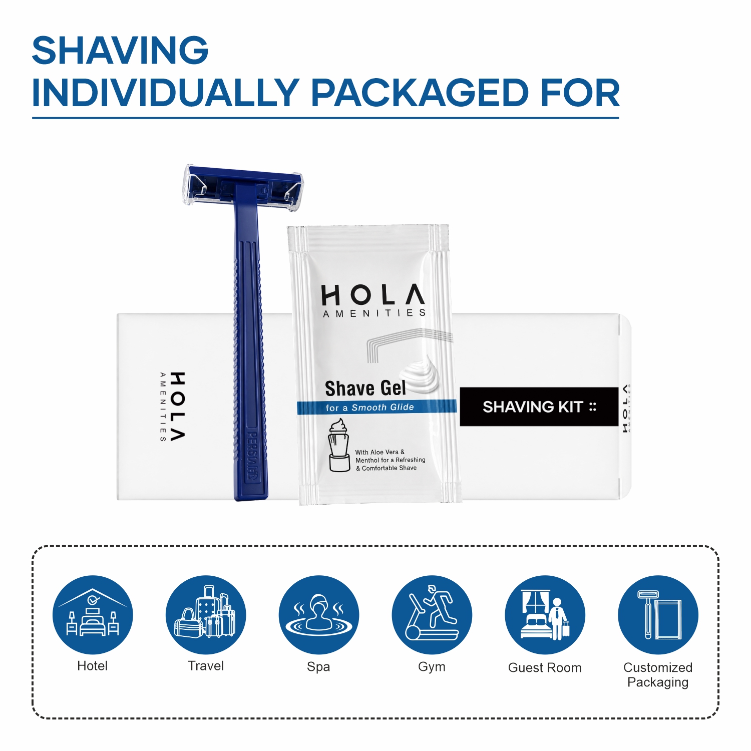 HOLA disposable hotel shaving kit for travel amenities, guest rooms and hospitality stays