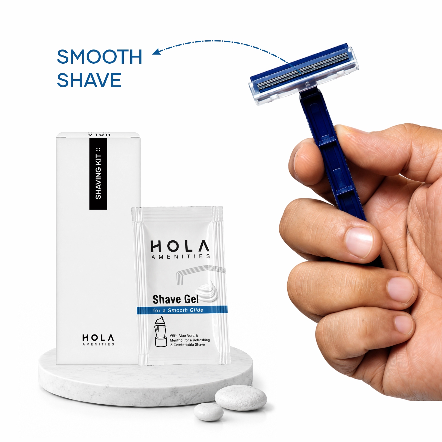HOLA hotel shaving kit with razor and shave gel for guest amenities, hotels, resorts and travel stays