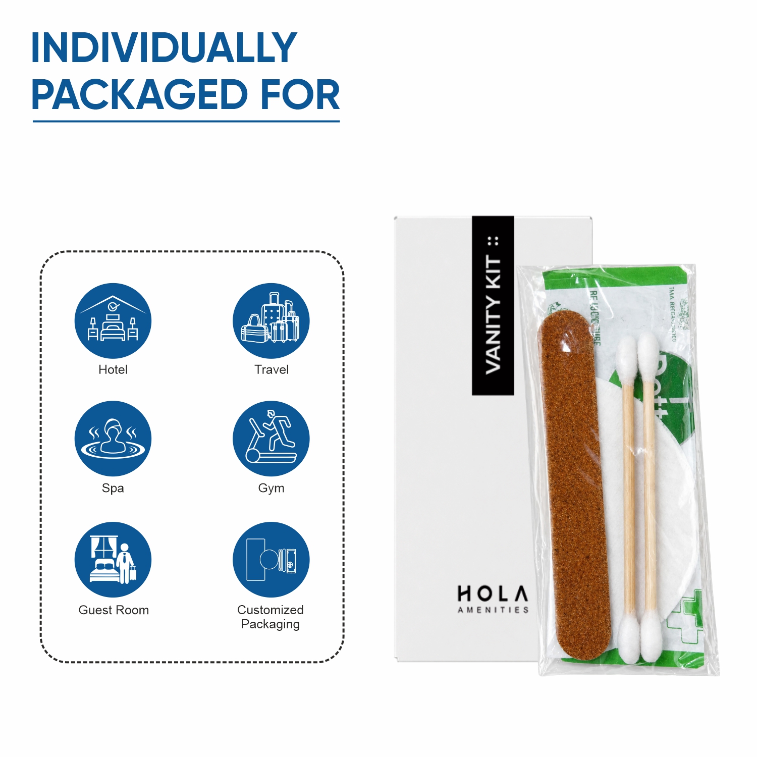 Disposable hotel vanity kit single-use packaging with cotton pad, cotton buds, nail filer and plaster by HOLA