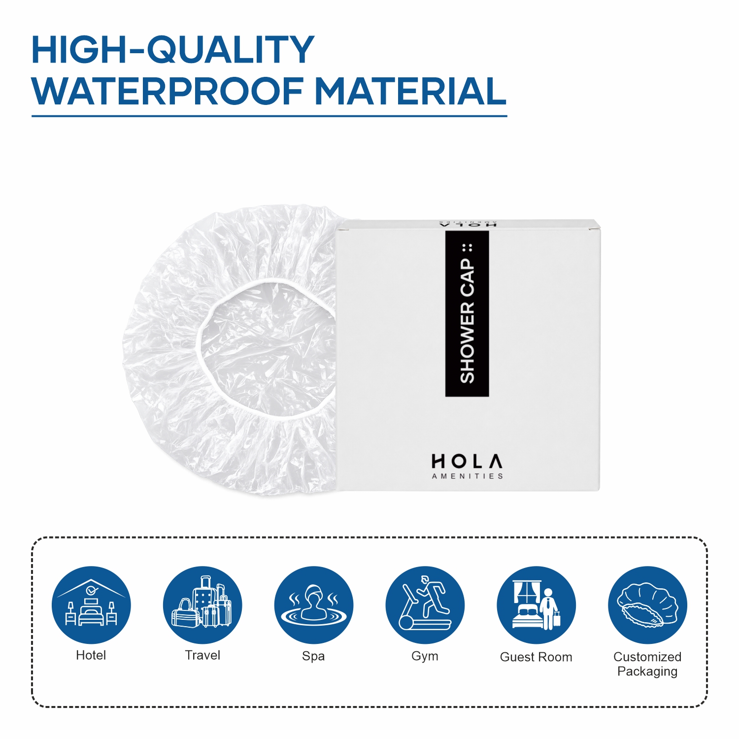 HOLA individually packed hotel shower cap for guest bathroom amenities and travel stays