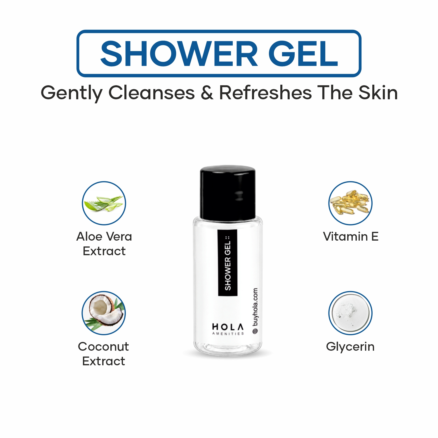 HOLA hotel shower gel 20ml with aloe vera, vitamin E, coconut extract and glycerin for guest toiletries