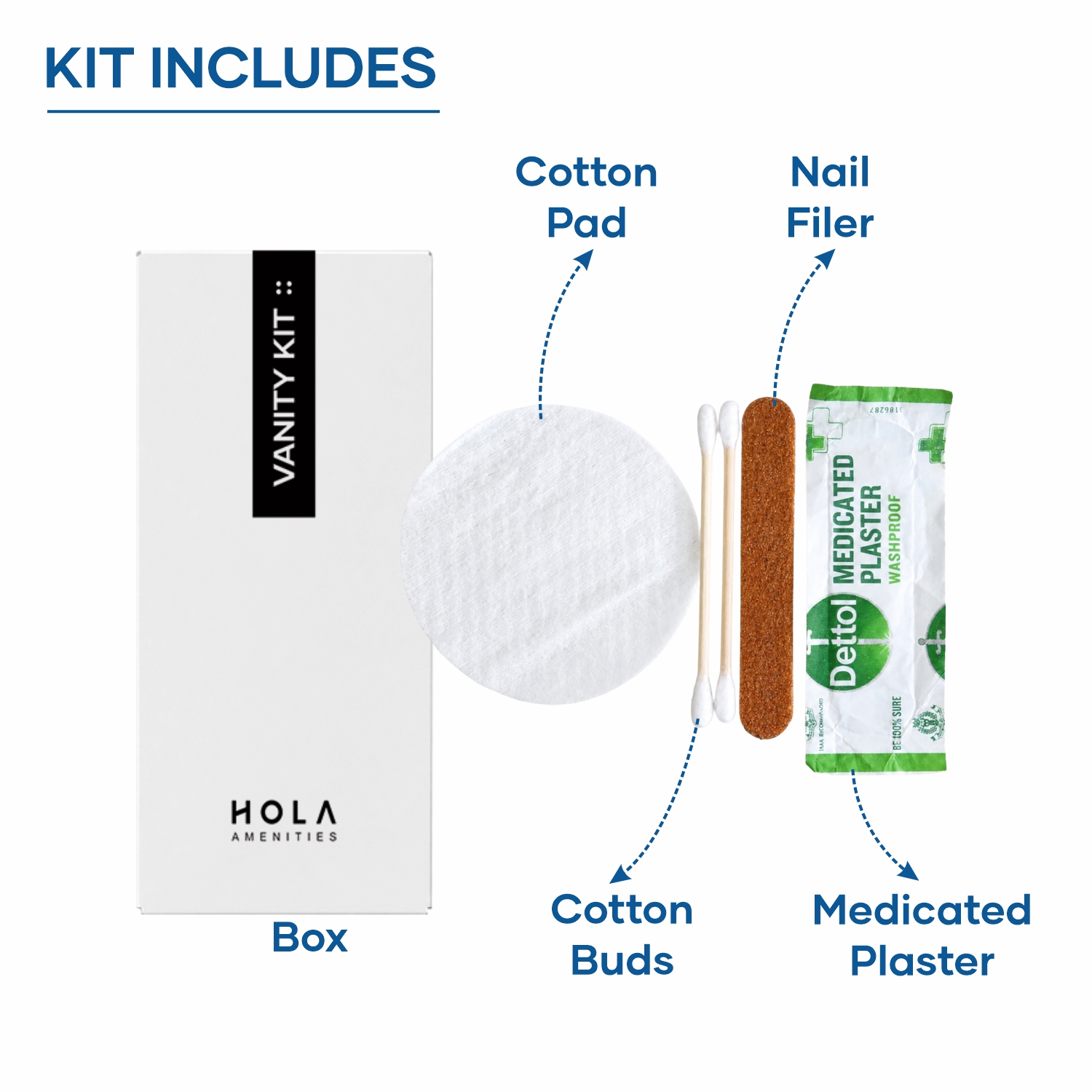 HOLA Hotel Vanity Kit Disposable Guest Amenity Kit with cotton pad, cotton buds, nail filer and medicated plaster