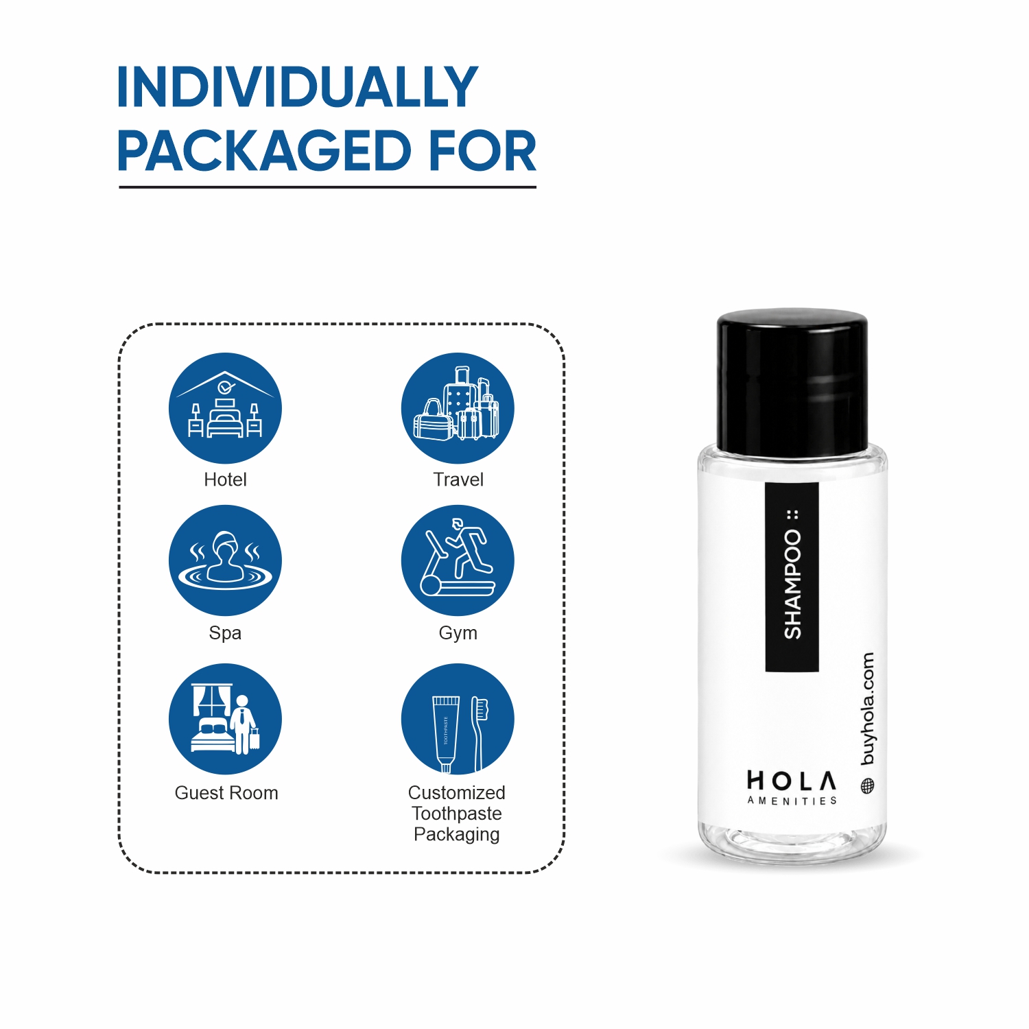 HOLA shampoo 20ml for hotel guest amenities, travel kits, spa, gym and guest rooms