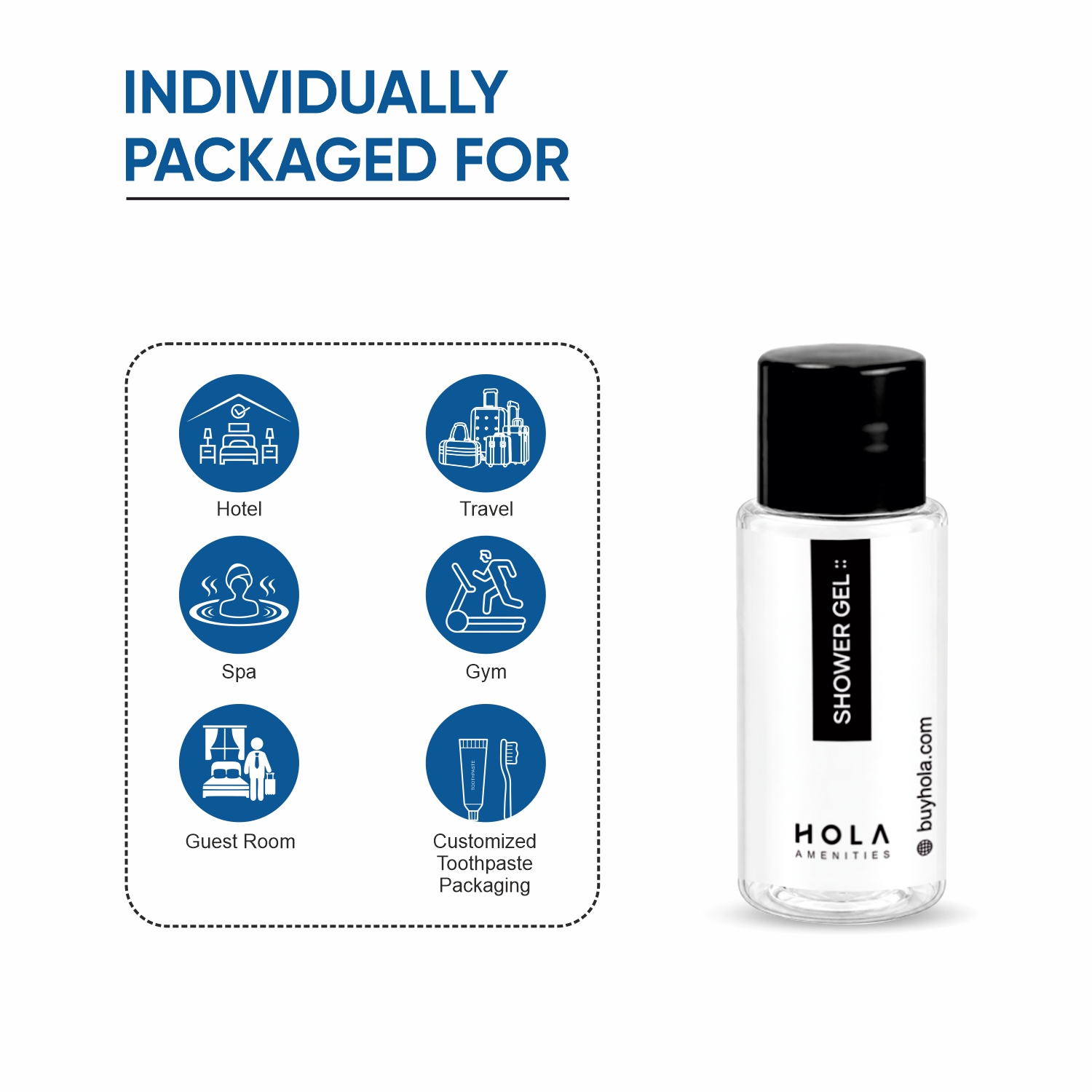 HOLA shower gel 20ml individually packaged for hotel guest amenities, travel kits, spa and guest rooms