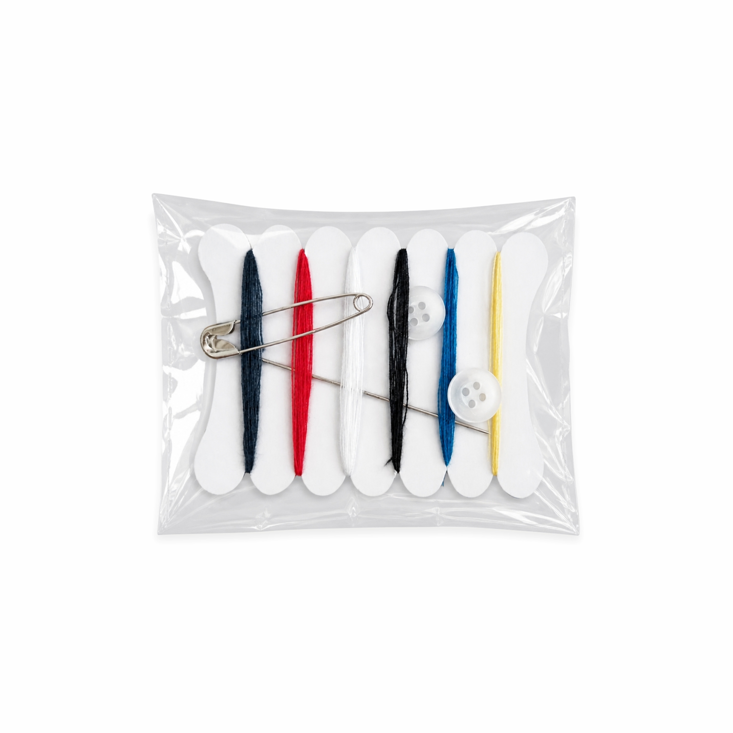 Hotel Sewing Kit with needles, multi-color threads, buttons and pins for hotel guest amenities, hospitality use and travel convenience