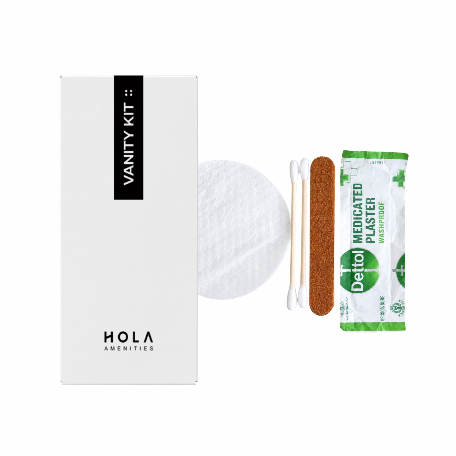 Hotel vanity kit disposable guest amenity kit with cotton pads ear buds nail file and medicated plaster Hola Amenities