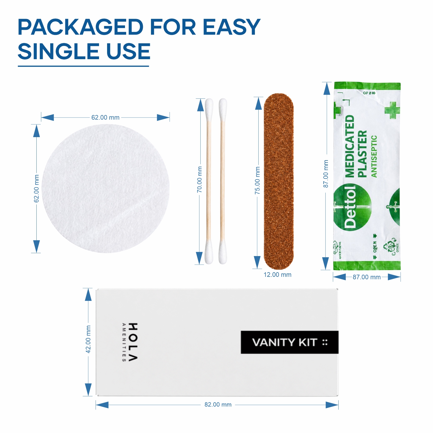 Hotel vanity kit includes cotton pad, cotton buds, nail filer, medicated plaster and box by HOLA