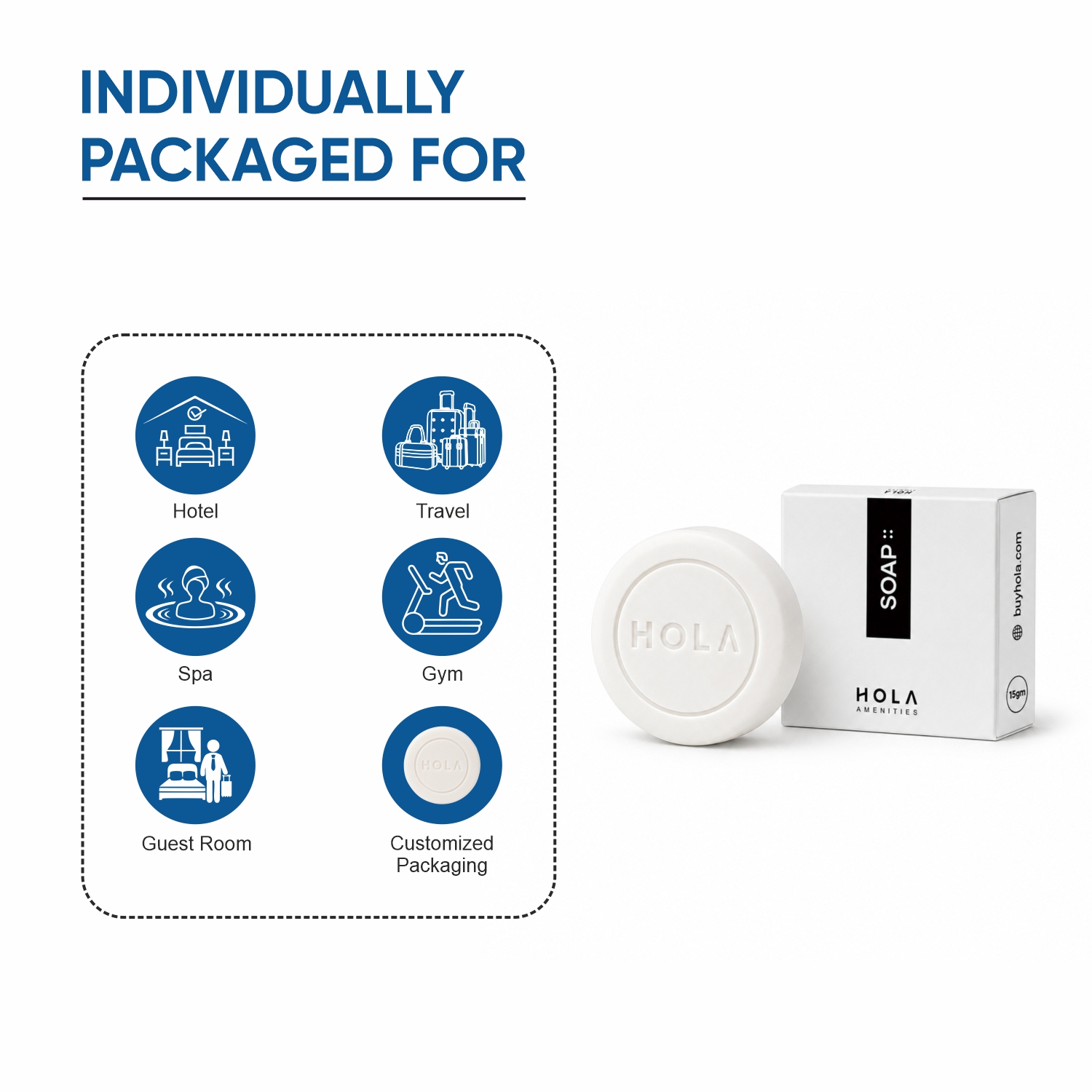 Bulk Hotel Soap 15gm by HOLA for hotel toiletries, guest bathrooms and hospitality businesses